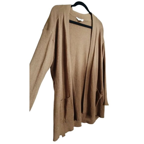 Terra & Sky Plus Size 2X Cardigan Sweater Open Front Ribbed Light Brown Pockets - Picture 3 of 10